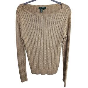 Lauren Ralph Lauren Womens Cable Knit Silk Sweater Old Money Quiet Luxury Size L